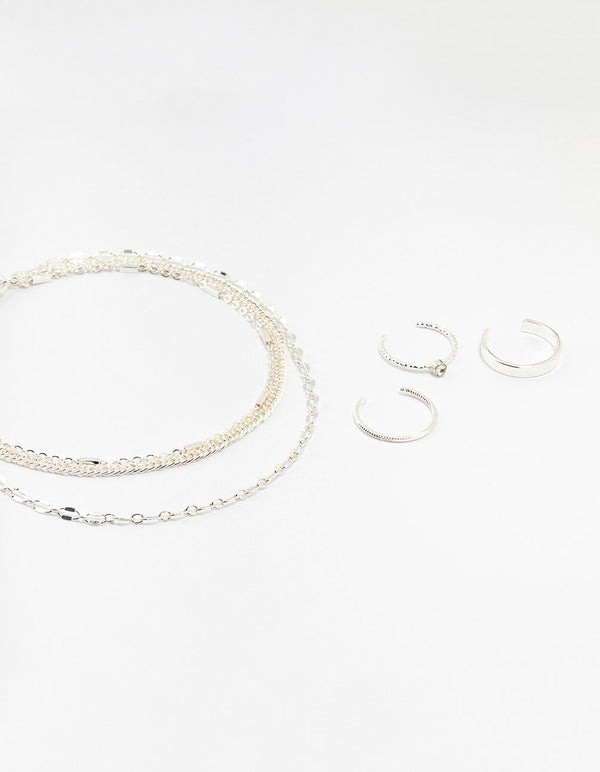 Silver Dumbell Anklet & Toe Rings Set