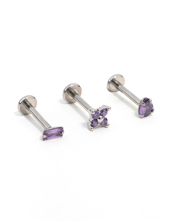 Surgical Steel Purple Marquise & Baguette Flat Back Earrings 3-Pack