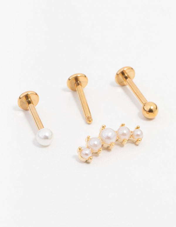 Gold Plated Surgical Steel Pearl Crawler Flat Back Earrings 3-Pack