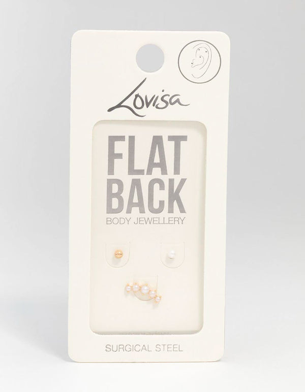 Gold Plated Surgical Steel Pearl Crawler Flat Back Earrings 3-Pack