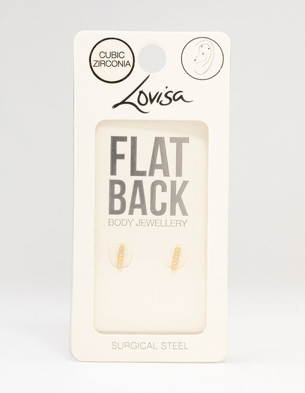 Gold Plated Surgical Steel Cubic Zirconia Bar Flat Backs 2-Pack