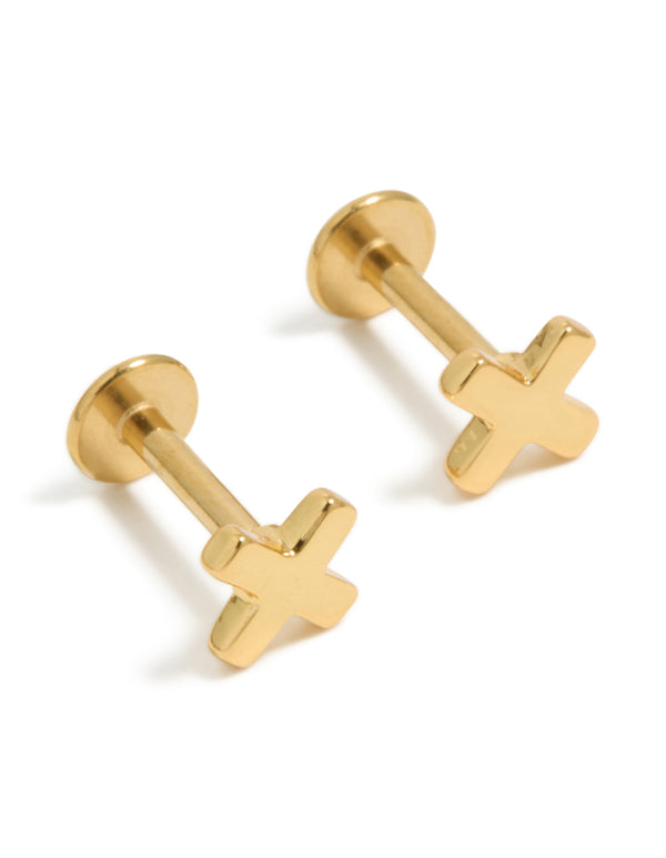 Gold Plated Surgical Steel Cross Flat Back Earrings 2-Pack