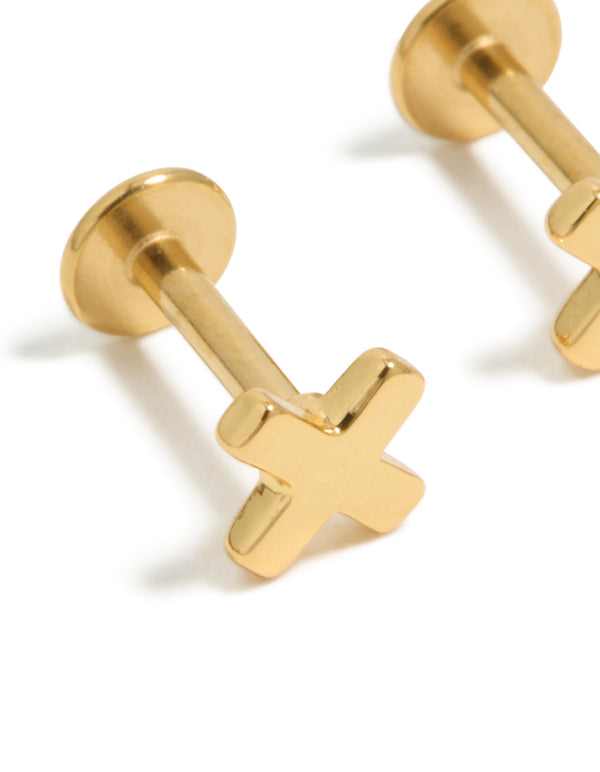 Gold Plated Surgical Steel Cross Flat Back Earrings 2-Pack