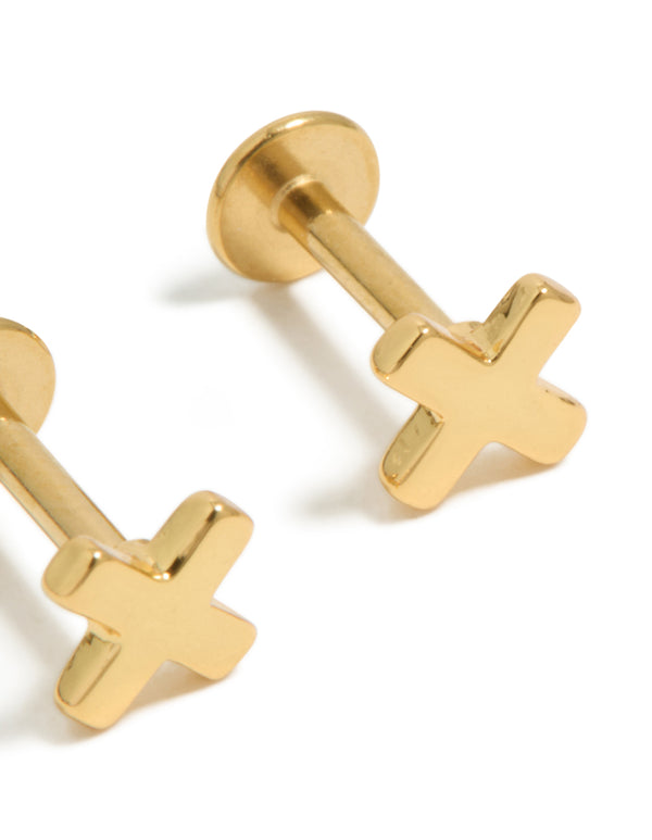 Gold Plated Surgical Steel Cross Flat Back Earrings 2-Pack