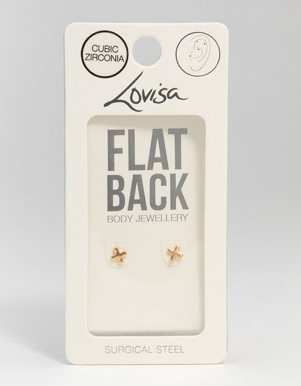 Gold Plated Surgical Steel Cross Flat Back Earrings 2-Pack