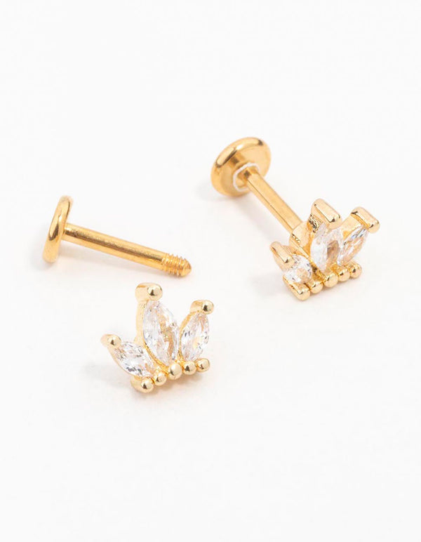 Gold Plated Surgical Steel Marquise Crown Flat Back Earrings 2-Pack