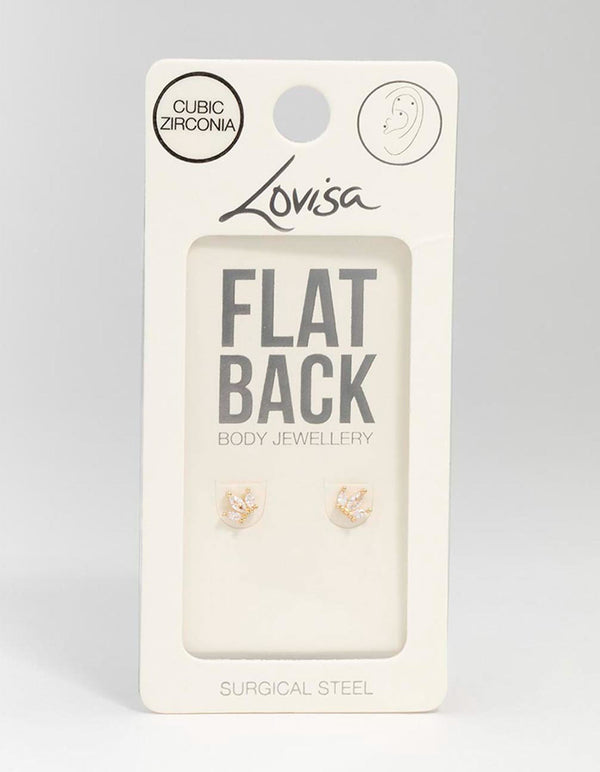 Gold Plated Surgical Steel Marquise Crown Flat Back Earrings 2-Pack