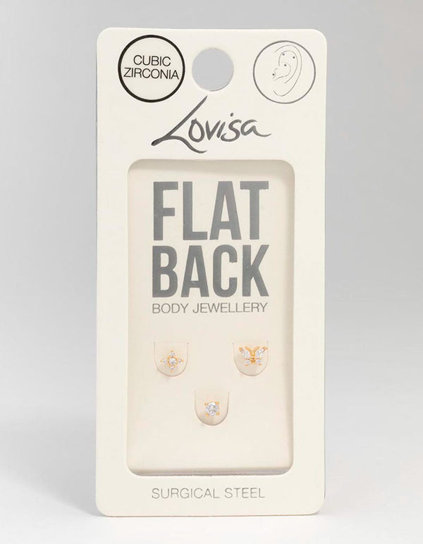 Gold Plated Surgical Steel Butterfly Flower Flat Back Earrings 3-Pack