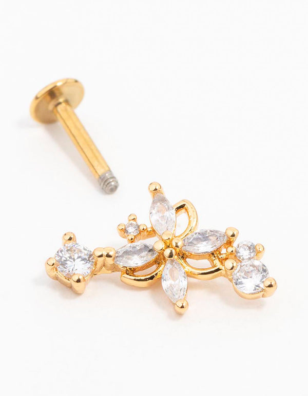 Gold Plated Surgical Steel Flower With Single Cubic Zirconia Flatback