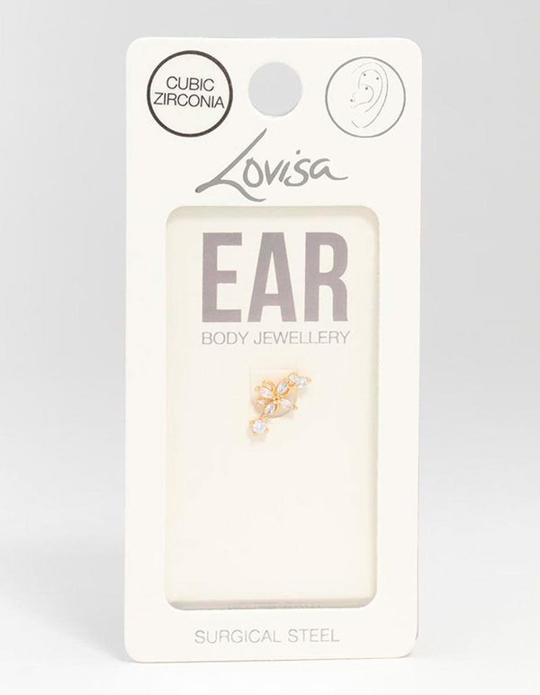 Gold Plated Surgical Steel Flower With Single Cubic Zirconia Flatback