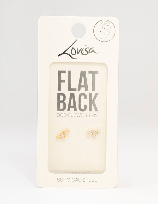 Gold Plated Surgical Steel Baguette Rounded Cubic Zirconia Flat Backs 2-Pack