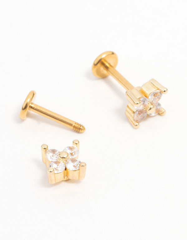 Gold Plated Surgical Steel Cubic Zirconia Mini Flower Flat Back Earrings 2-Pack