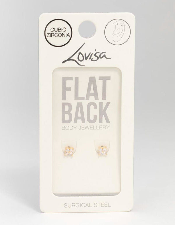 Gold Plated Surgical Steel Cubic Zirconia Mini Flower Flat Back Earrings 2-Pack