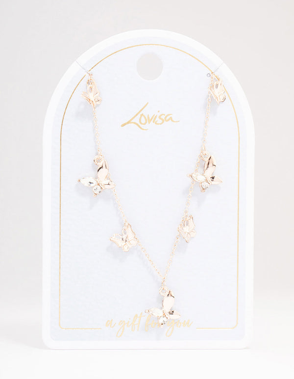 Rose Gold Butterfly Charm Diamante Necklace