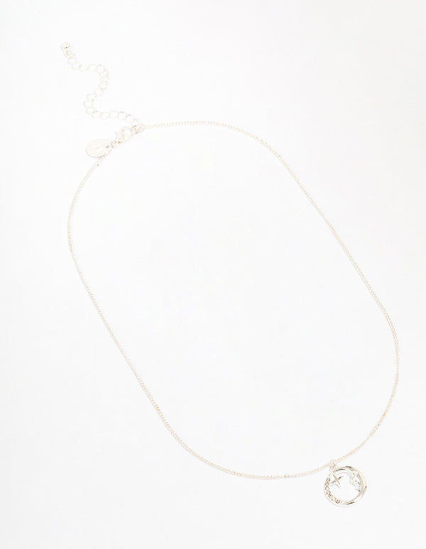 Silver Round Half Moon Pendant Necklace