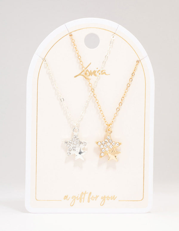 Gold & Silver Double Star Diamante Pendant Necklace Pack