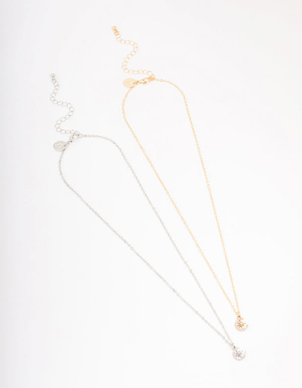 Gold & Silver Half Moon Diamante Pendant Necklace Pack