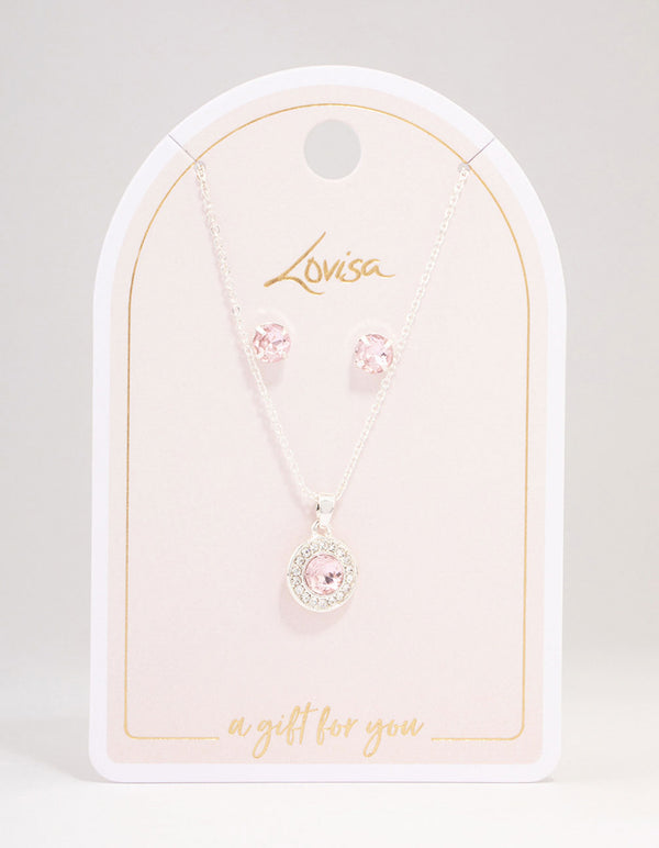 Silver Round Diamante Pink Halo Jewellery Set