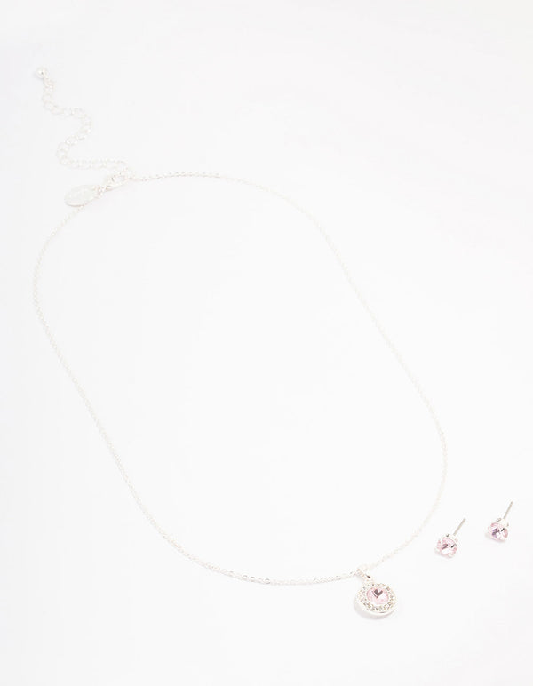 Silver Round Diamante Pink Halo Jewellery Set