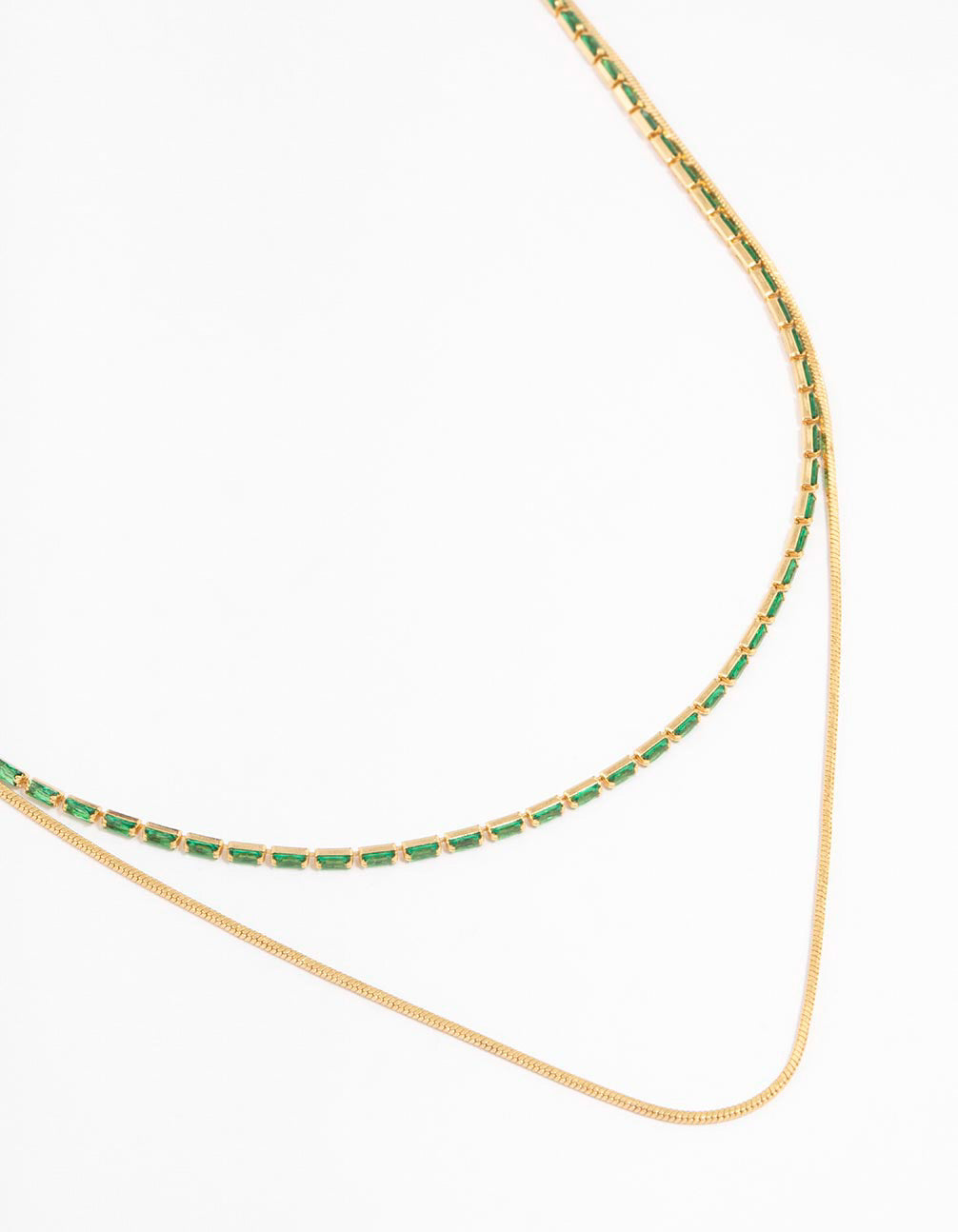 Gold Plated Cubic Zirconia Emerald Baguette Dainty Layered Necklace