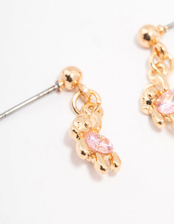 Gold Cubic Zirconia Hanging Teddy Bear Earrings