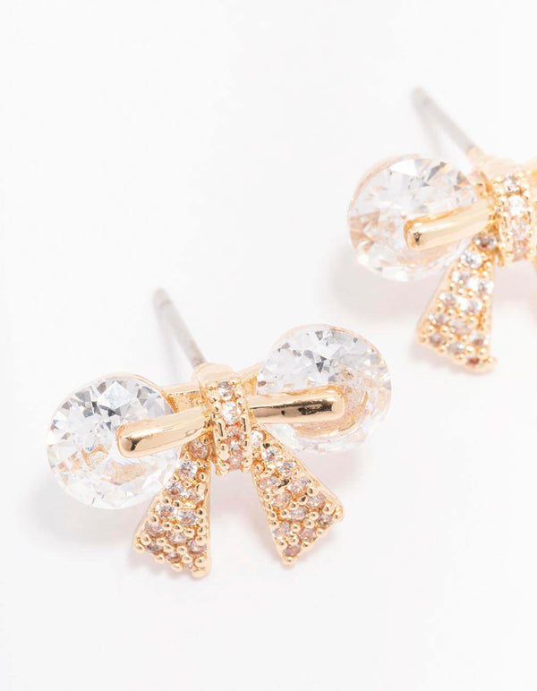 Gold Diamante Bow Stud Earrings