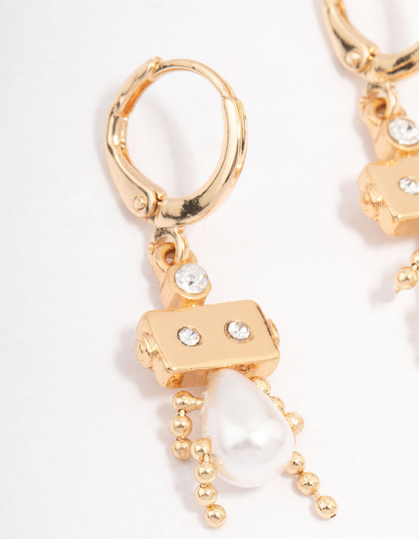 Gold Pearl Robot Huggie Hoop Earrings