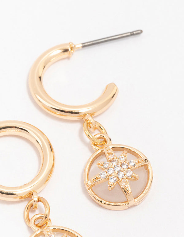 Gold Diamante Round Star Huggie Hoop Earrings
