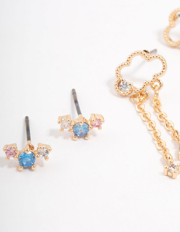 Gold Cubic Zirconia Moon & Star Mixed Earring 3-Pack