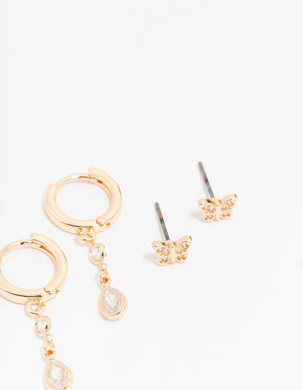 Gold Cubic Zirconia Pearl & Butterfly Mixed Earring 3-Pack