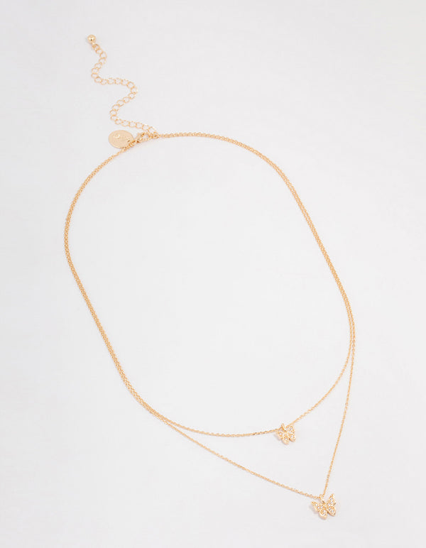 Gold Cubic Zirconia Double Row Butterfly Pendant Necklace