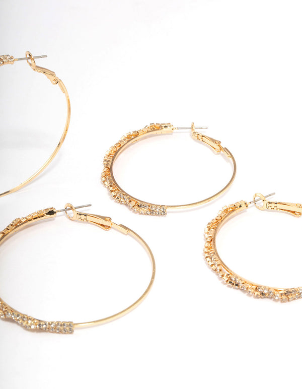 Gold Plated Diamante Multiple Hoop Earrings 3-Pack