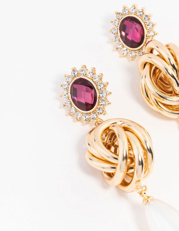 Gold Plated Diamantes & Pearls Opulent Knot Drop Earrings