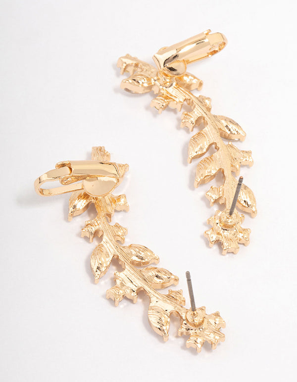 Gold Diamante Flower Leaf Cuff Earrings