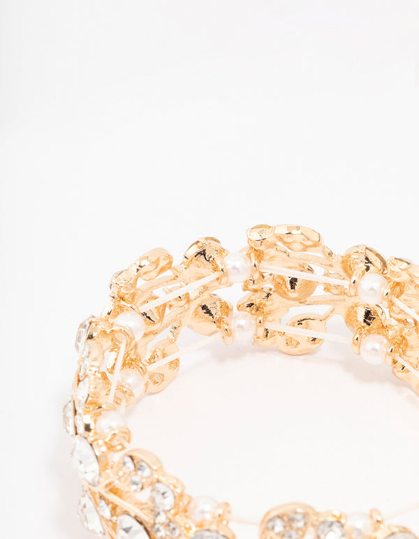 Gold Diamante Pearl Stretch Bracelet
