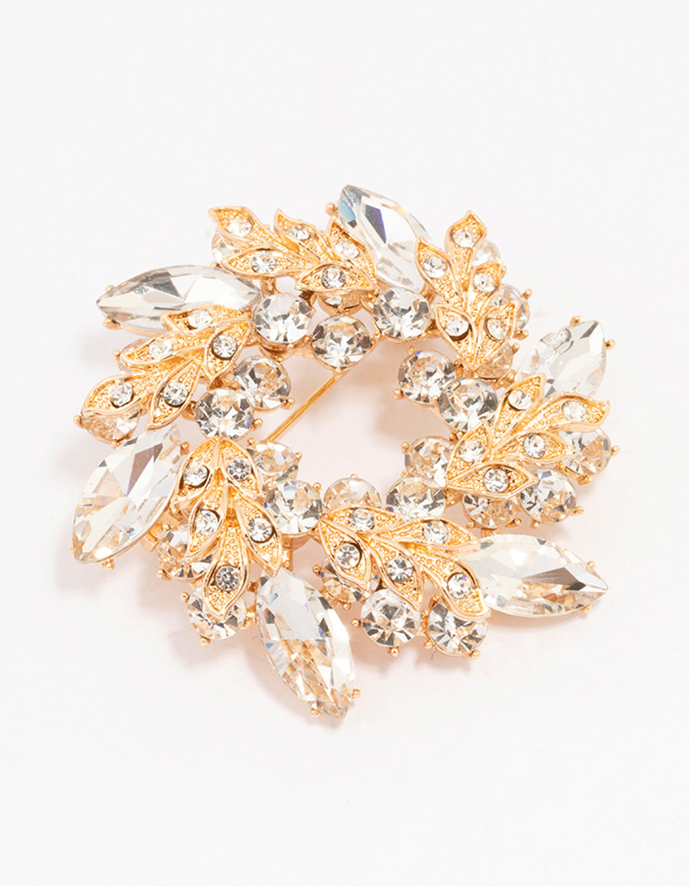Gold Diamante Leaf Round Brooch