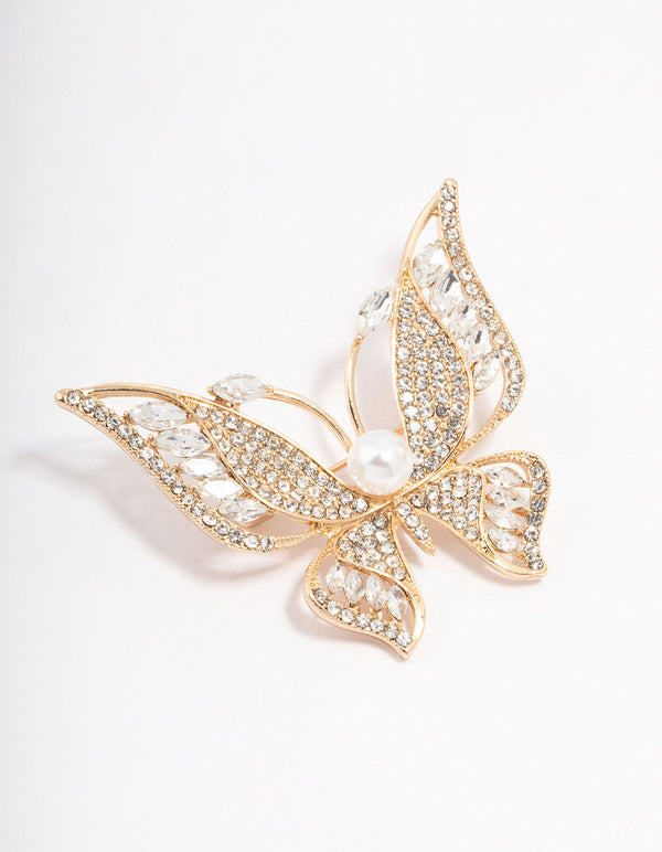 Gold Butterfly Pearl Detailed Brooch
