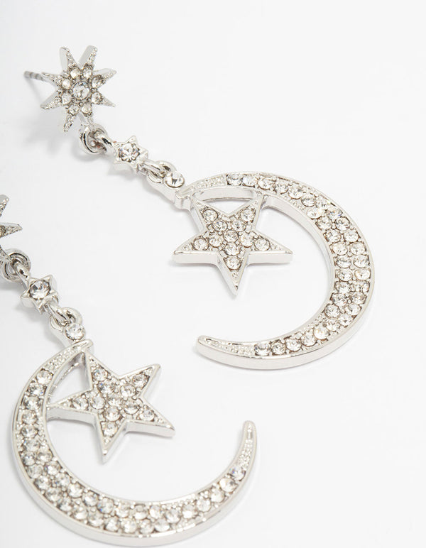 Silver Diamante Moon & Star Celestial Drop Earrings