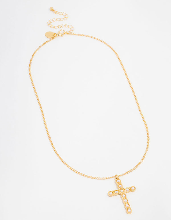 Gold Plated Acrylic Pearl Cross Necklace