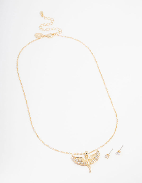 Gold Cubic Zirconia Angel Necklace & Stud Earrings Set