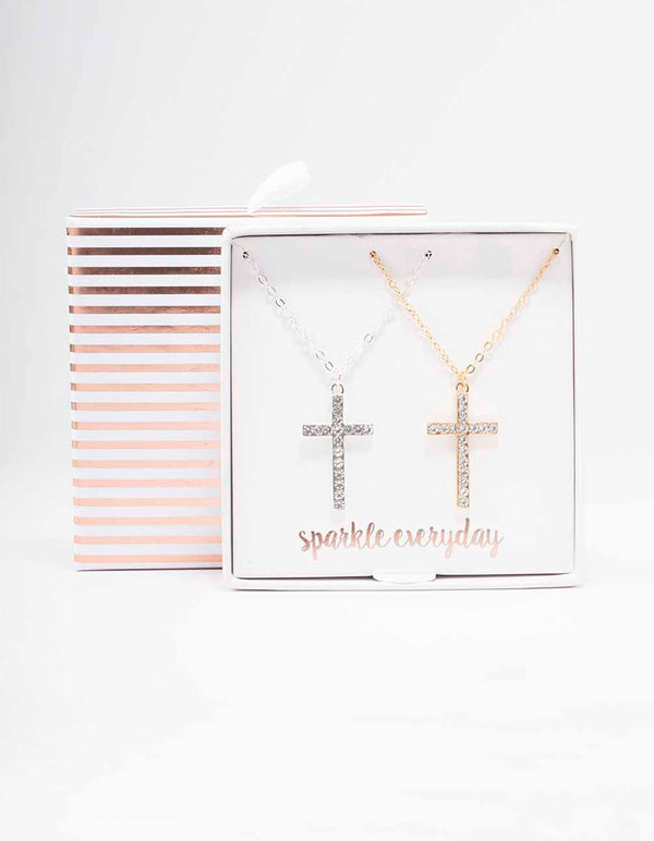 Mixed Metals Diamante Cross Necklaces 2-Pack