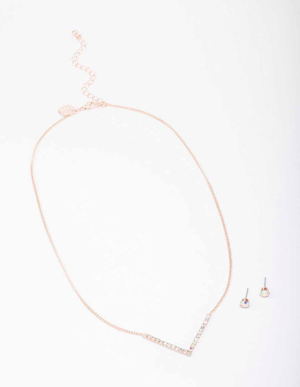 Rose Gold Cubic Zirconia V-Necklace & Stud Earrings Pack