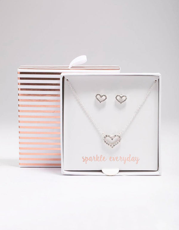 Silver Open Diamante Heart Necklace & Stud Earrings Set
