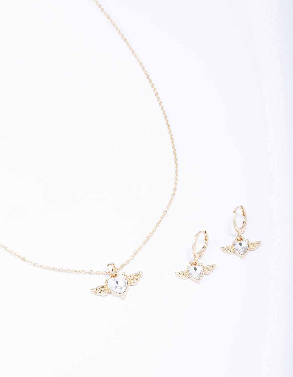 Gold Heart & Wings Necklace & Huggie Earrings Set