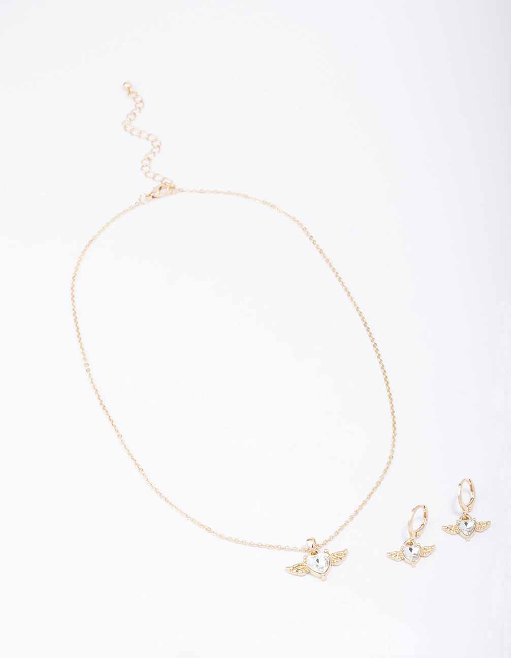 Gold Heart & Wings Necklace & Huggie Earrings Set