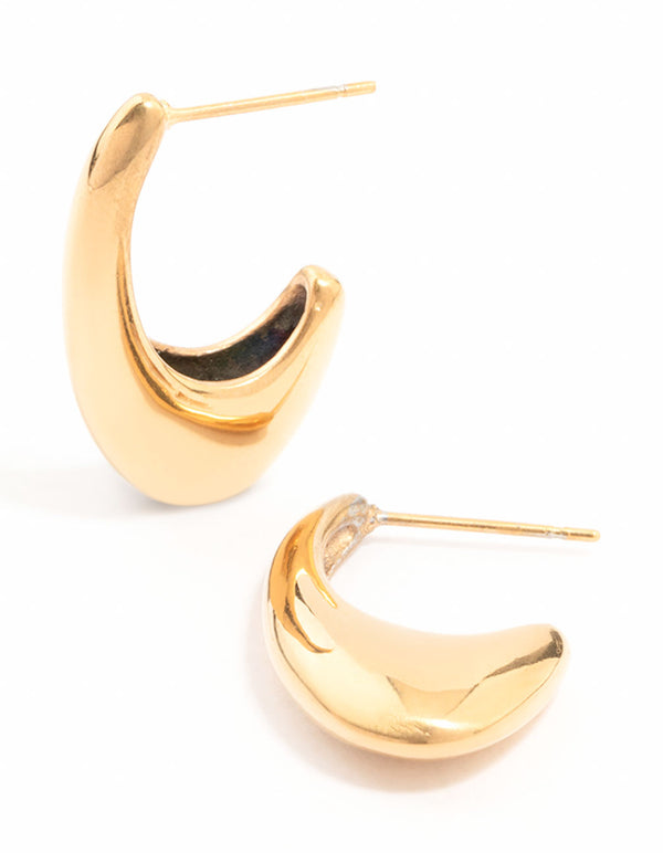 Showcasing waterproof gold plated stainless steel oval hoop earrings with a polished finish front view