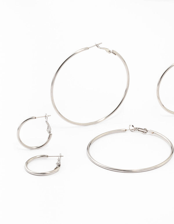 Featuring waterproof stainless steel thin hoop earrings in a silver 3-pack close up view