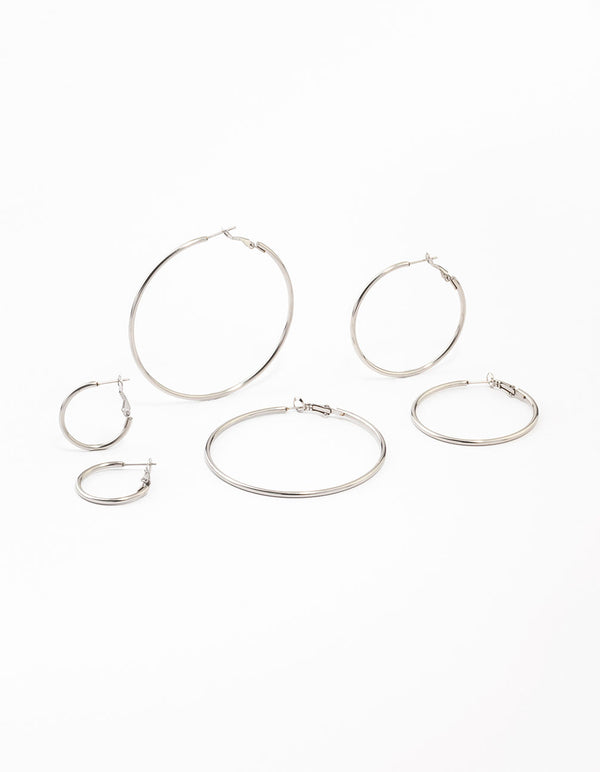 Showcasing waterproof stainless steel thin hoop earrings in a silver 3-pack front view