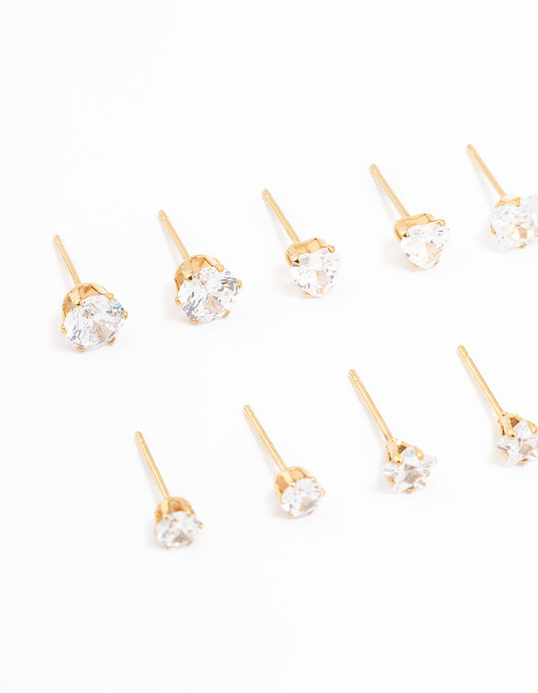 Waterproof Gold Plated Stainless Steel Cubic Zirconia Stud Earrings 6-Pack