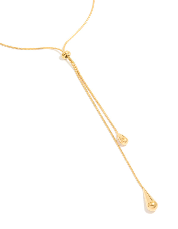 Crafted from waterproof gold plated stainless steel, this pull through lariat necklace close up view